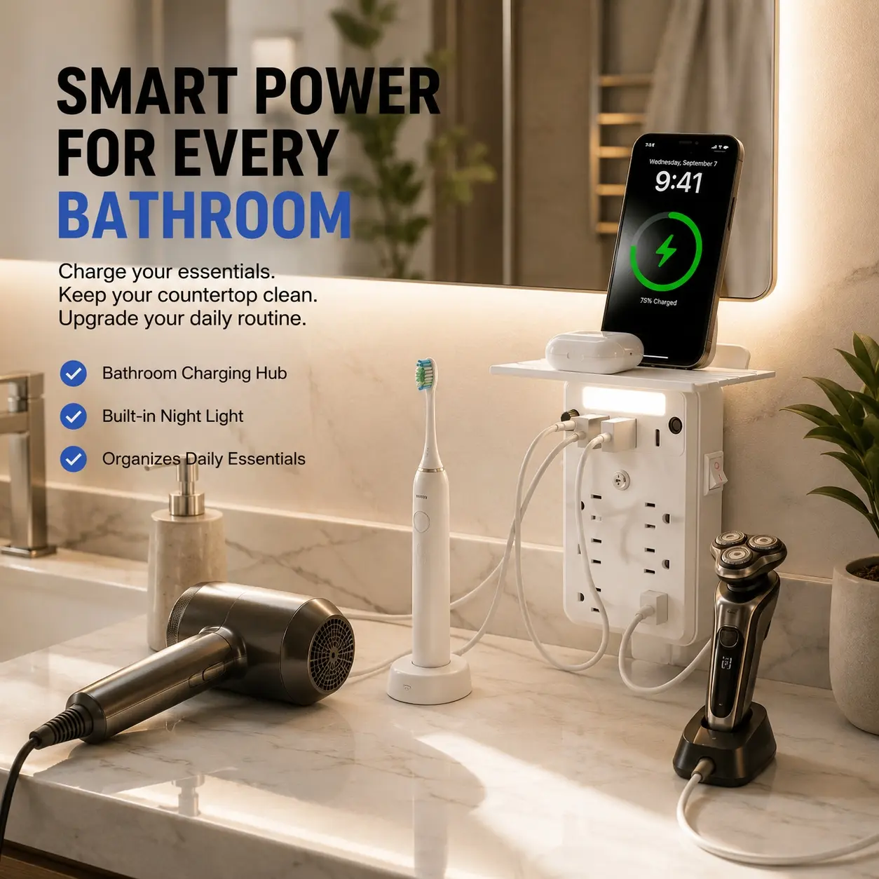 Wall Mounted Space-Saving Surge Protector Outlet Extender with Shelf - Built-in Auto On-Off Switch Night Light, 6 AC Outlets, 3 USB Slots, 1 Type C Slot, Mountable for Bathroom, Kitchen