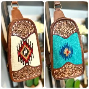 Leather and Wool Aztec Design Western Sling Bag
