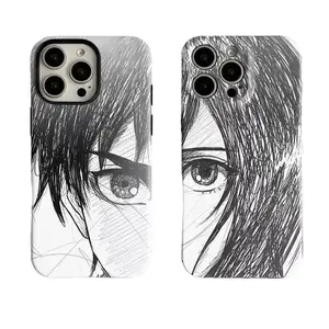 Attack on Titan Eren & Mikasa Sketch Style Couple Phone Case  for iPhone 17, 16, 15, 14, 13, 12, 11 Pro Air Plus ProMax and Samsung S26-S23 Plus shock-absorbing phone cases, fashionable gift. anime
