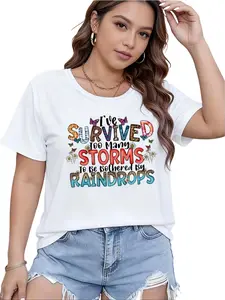 Women’s Plus Size Motivational Graphic Tee – “Survived Too Many Storms” Quote Shirt, Colorful Print, Soft Stretch Casual Summer Top