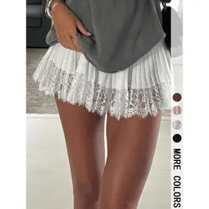 2026 1 Piece Women's Lace Patchwork Ruffle Short Skirt Elegant Sweet Style Long Leg Look Casual Party