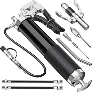 Grease Gun Kit, 8000 PSI Heavy Duty Grease Gun with Lock Coupler, 18" Spring Flex Hose, 14oz Load, 2 Standard Hose, Grease Injector, Needle, Coupler, Sharp Nozzle, Rigid Pipe (Black)