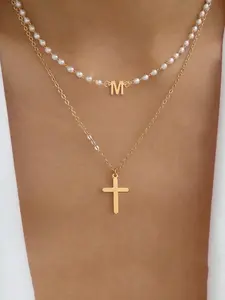 Letter Initial Cross Pendant Necklace, Stainless Steel Chain Layered Choker, Fashion Jewelry Accessories for Women As Gift, Fashion Modern Accessories