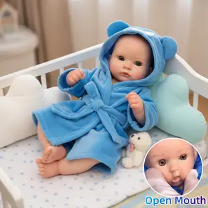 13 Inch Can Drink And Pee Full Body Solid Silicone Reborn Boy Doll With Painted Bald 3D Painted Skin Dress In Blue Outfits Flexible Washable Handmade Newborn Doll For Family's Gift
