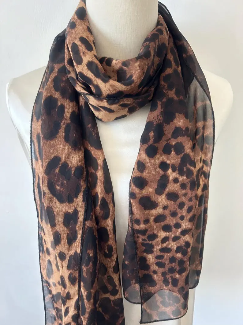 Leopard Print Silk Chiffon Scarf: Long Narrow Neck Scarf (67" x 14")