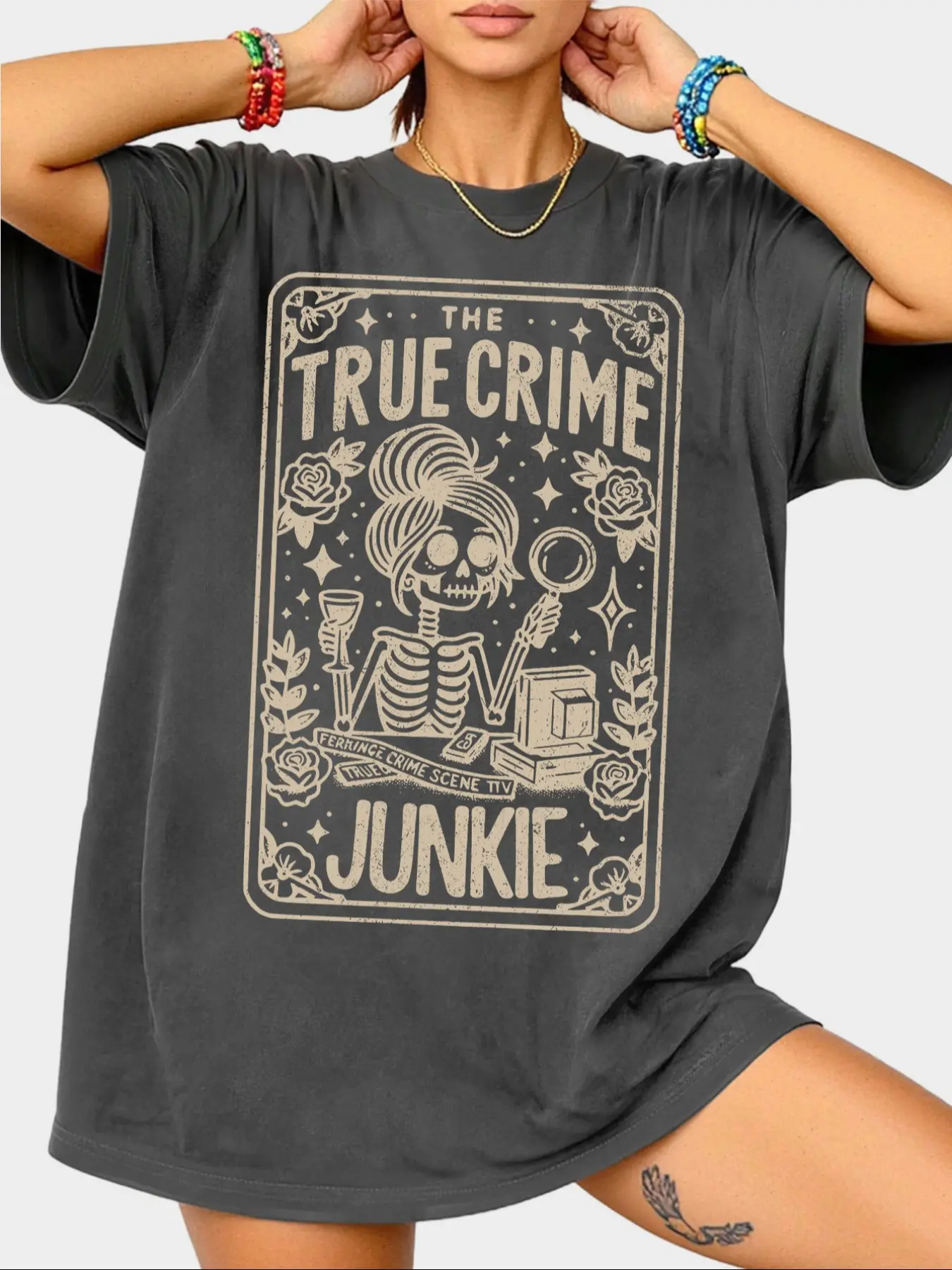 "The True Crime Junkie" Oversized Casual Vintage Streetwear Knit Fabric Fitted Summer T-Shirt - Women's Skeleton Detective Graphic Distressed Tee Casual Tops