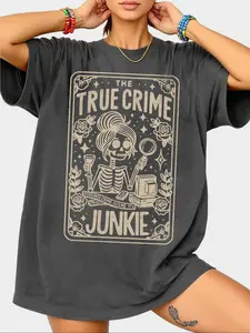 "The True Crime Junkie" Oversized Vintage Knit Fitted T-Shirt - Women's Skeleton Detective Graphic Distressed Tee