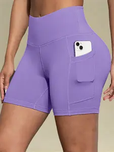 Women's Solid Pocket Gym Shorts, Side Pocket Shorts, Casual Comfy Breathable Skinny Shorts for Yoga Gym Workout Running, Ladies Sportswear for Summer, Activewear, Swim Shorts, Swim Trunks, Swim Trunks, Summer Swim Bottoms