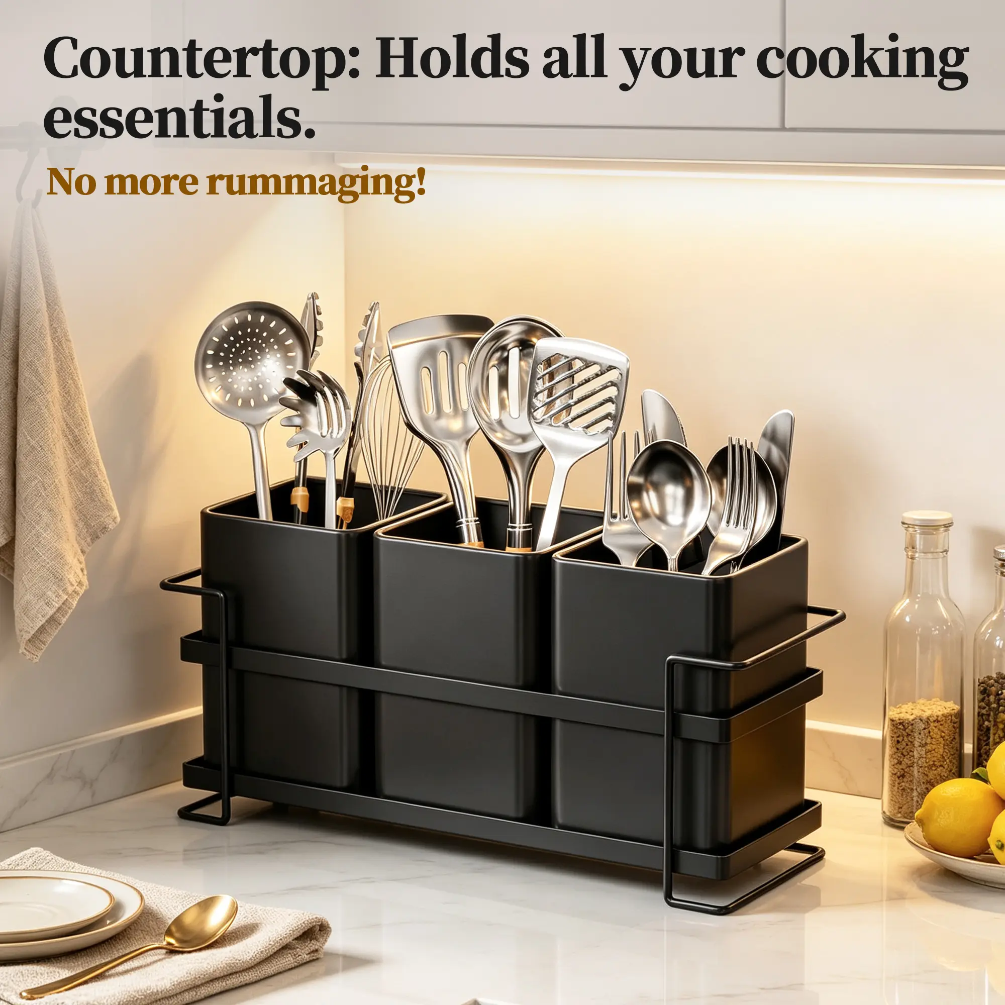 San Dream Kitchen Utensil Holder, Multi‑Compartment Black Metal Utensil Storage Caddy, Large Capacity Cooking Tool Organizer for Kitchen Countertop