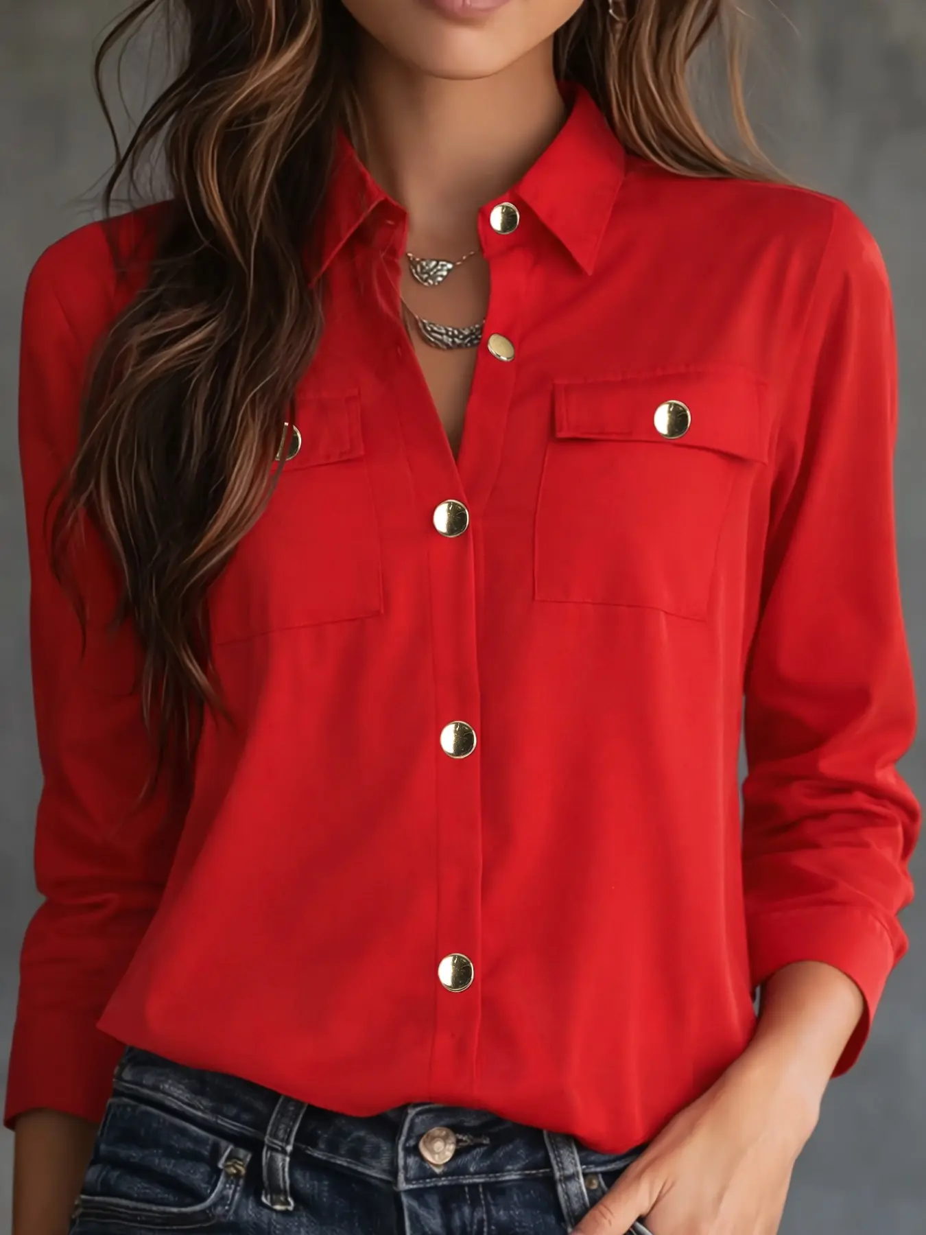 Women's Long-Sleeve Collared Shirt Blouse Top, Casual yet Professional Work Attire with Elegant Button Closure