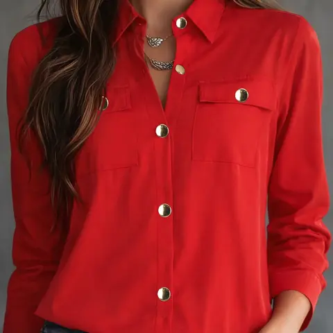 Women's long-sleeved collared shirt, casual style, professional formal work attire, elegant top