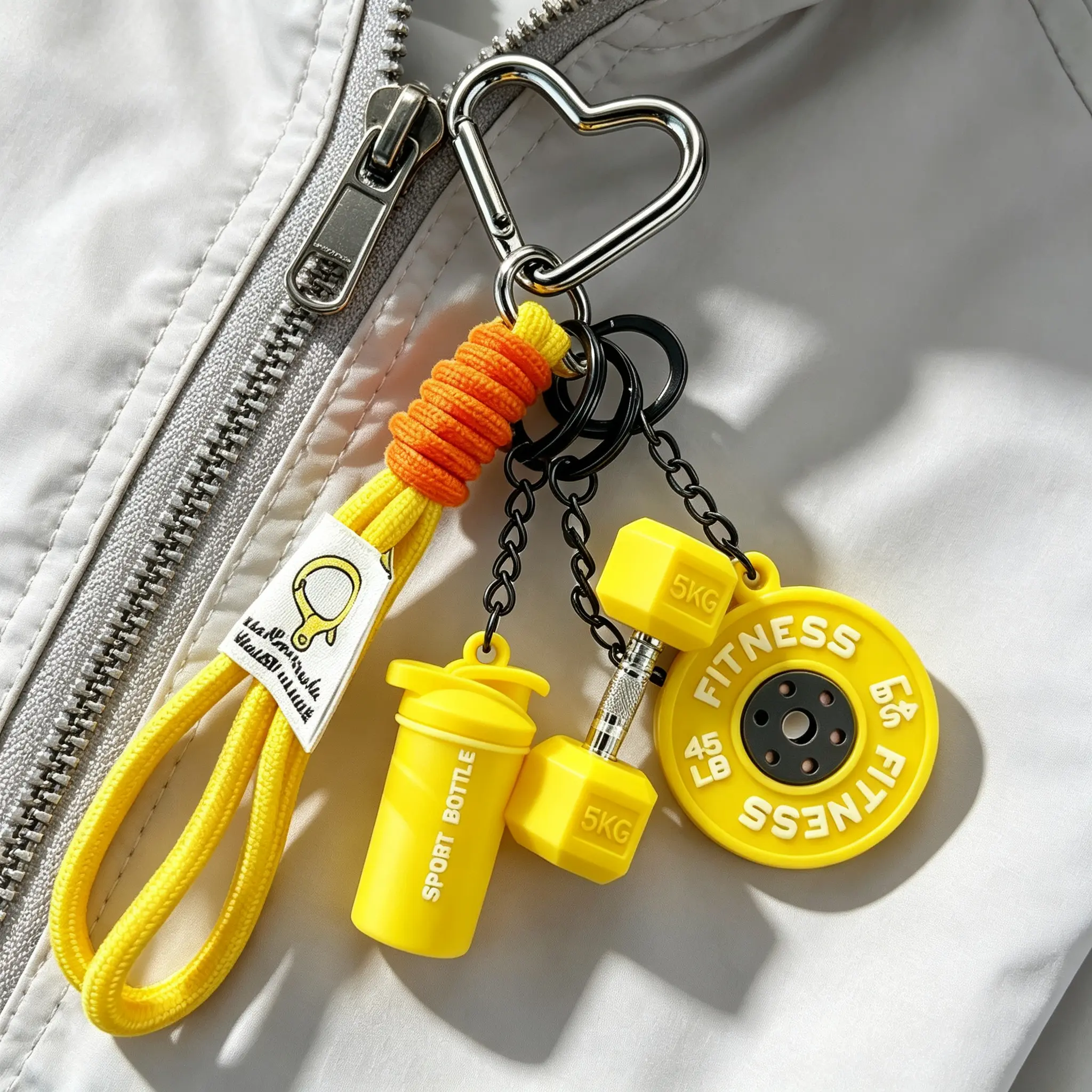 Stylish Fitness Keychain Set Pack with Soft Silicone Dumbbell Charms, Braided Rope Strap & Heart Carabiner, Unisex Bag Charm for Casual Wear