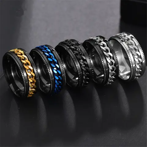 GGIRL Vintage Colorfast Stainless Steel Link Anti-Anxiety Ring - Men’s Multi-Size/Tone Simple Punk Turnable Chain Jewelry, Open Adjustable Stacking Ring, Men’s Accessory for Adults, Ideal Boyfriend Gift