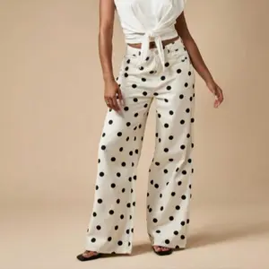 White & Black Polka Dot High Waist Wide Leg Jeans - Retro Chic Casual Pants