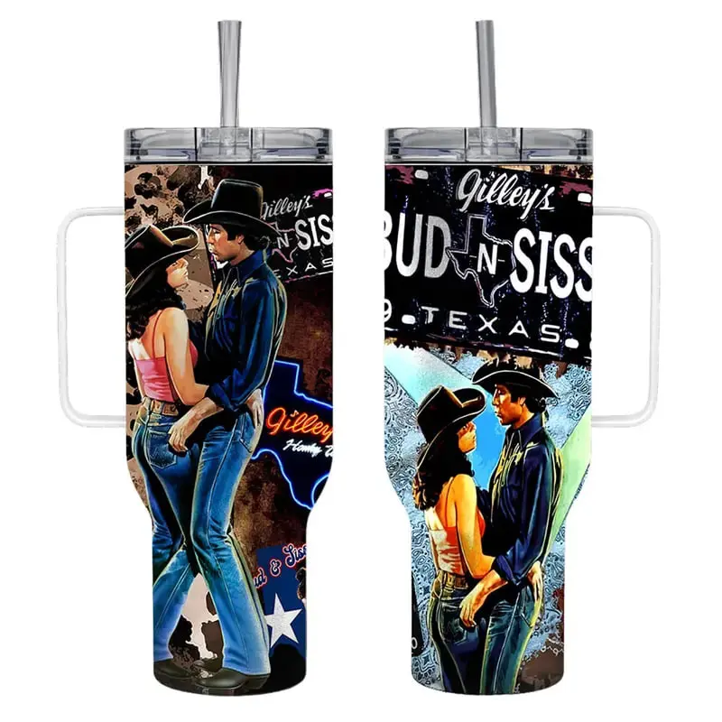 40oz Stainless Steel Insulated Portable Water Bottle - Bud & Sissy Texas Tumbler with Handle, Built-in Straw Lid, Vintage Country Bar Aesthetic, Western Cowboy Couple Gift for Adults' Birthdays, Coffee Use, Handles