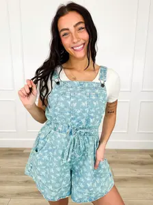 Easel Better Things Are Coming Cotton Blend Medium Wash Denim Overall Shorts