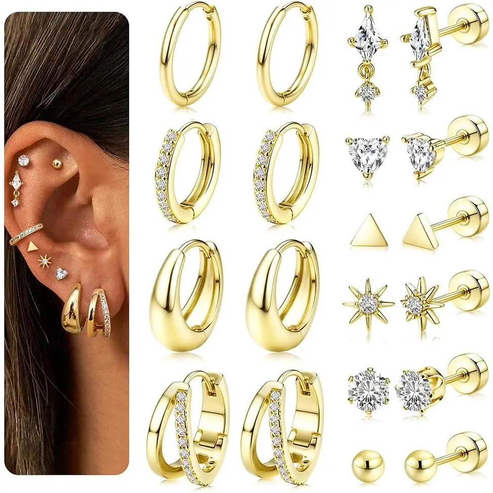 CASSIECA Unisex Flat Back Earrings - 14 Karat Gold-Plated Hypoallergenic Surgical Steel, Chunky Gold-Tone Huggie Hoops for Sensitive Ears & Helix Piercings, Non Tarnish Tarnish Free Jewelry, Non Tarnish Earrings