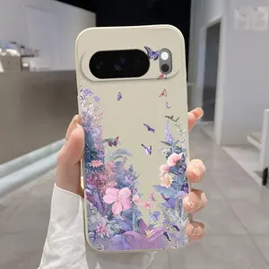 Rounded Edge Phone Case for Google Pixel 10 9 XL 8 7 Pro A  Flowers Butterfly Pattern Anti-Scratch Shockproof TPU Bumper Drop-proof Cover Cellphone Protective