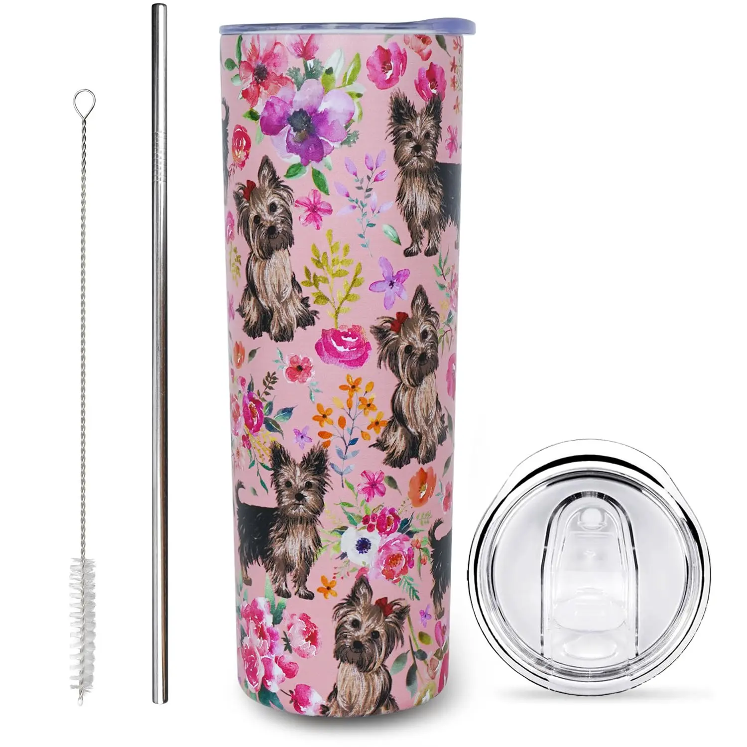 Gezibrw 20 Oz Stainless Steel Vacuum Insulated Tumbler - Women's Cute Yorkie Animal-Themed Flask with Leak-Proof Lid, Straw, Anti-Slip Exterior, 3x3x8 Inches Insulated Kitchen Drinkware, Insulated Drinkware, Animals