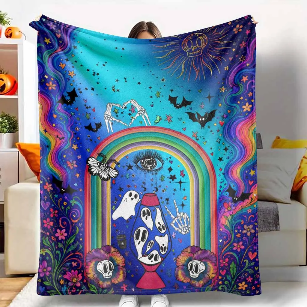 Psychedelic Skeleton Rainbow Flannel Blanket - Wrinkle-Resistant, Durable, Breathable, Lava Lamp, Ghost Bat, Floral Printed, Soft Cozy Warm Decorative Throw for Bedroom, Halloween Party Gift (Rainbow Visual, Sci-Fi Style Home Decor)