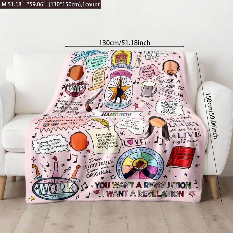 Hamilton Musical Printed with Iconic Quotes & Artwork - Slogan Print Blanket, Flannel Throw Blanket, Super Soft & Skin-friendly, Machine Washable, Multi-Size for Bed, Camping & Office Naps, Ideal Gift for Broadway Fans