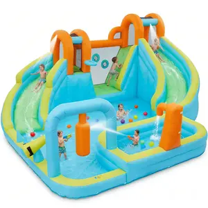 7-in-1 Kids Inflatable Bounce House with Slide Climbing Wall Basketball Hoop Water Play 350W Blower Outdoor Indoor Jumping Castle