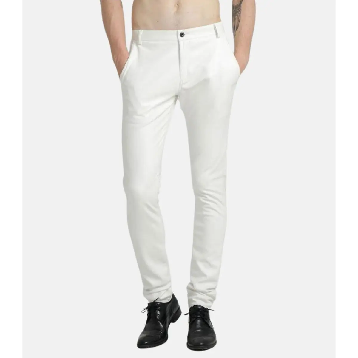 Mens Casual Slim Fit White Leather Pants with Pockets