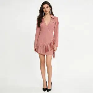 Women's Smooth Slim Fit Tassel Studded Bodycon Soft Comfortable Stretch Fabric Dress, Stylish Casual Chic Party Outfit for Spring & Summer, Curve Enhancing Solid Color Dress