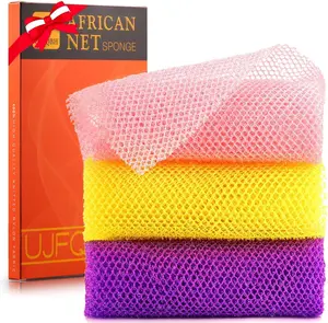 UJFQBH African Bath Sponge Set - 3 Pieces, Long Net Exfoliating Shower Body Scrubbers in Pink, Yellow and Purple Towels