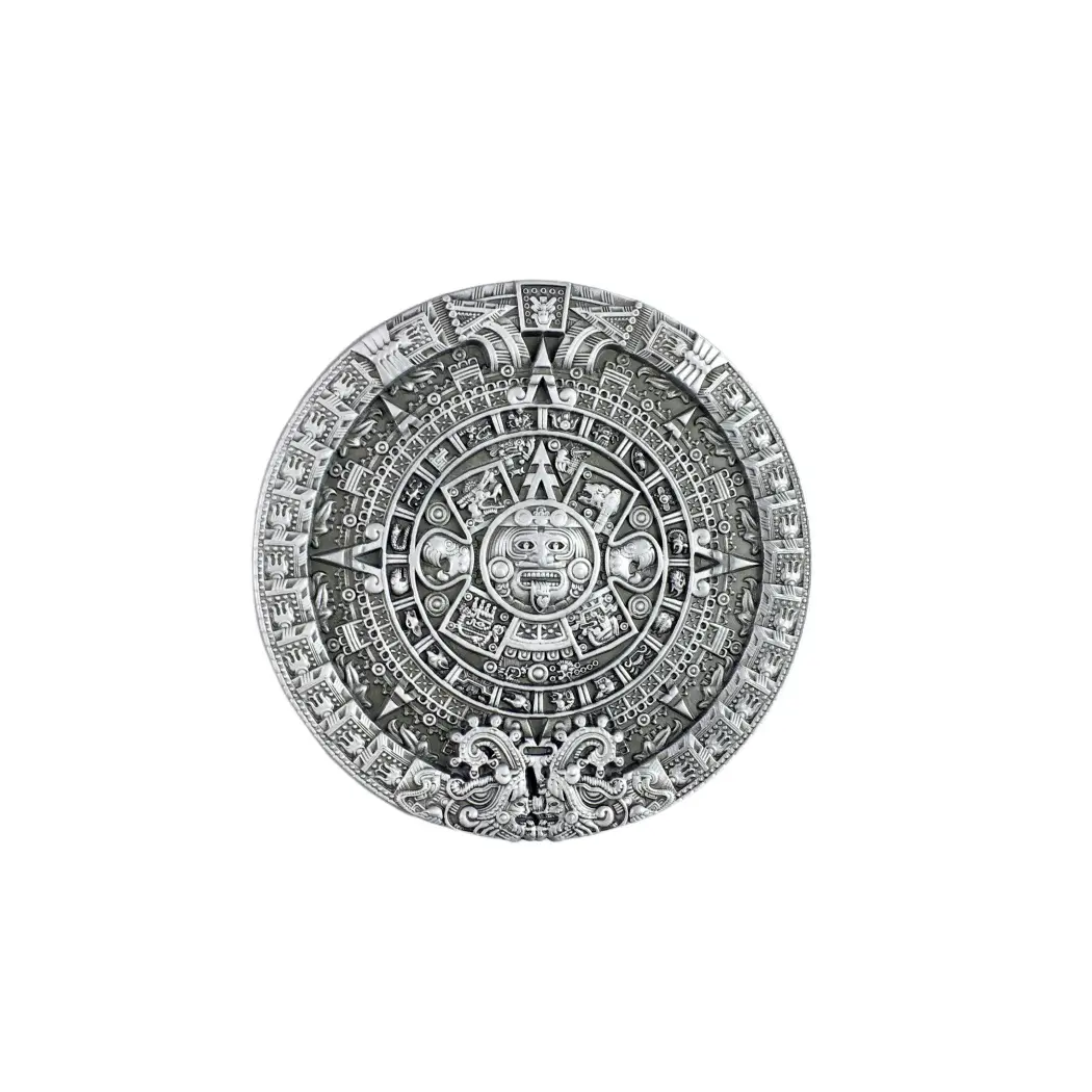 Antique Brushed Silver Aztec Calendar Round Belt Buckle
