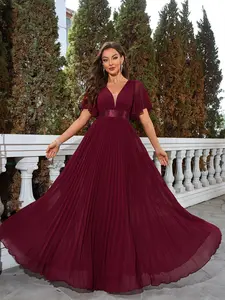 Elegant V Neck Chiffon Fitted Bridesmaid Dress, Pleated Waist Long Flare Gown for Special Events, Perfect for Weddings and Formal Occasions