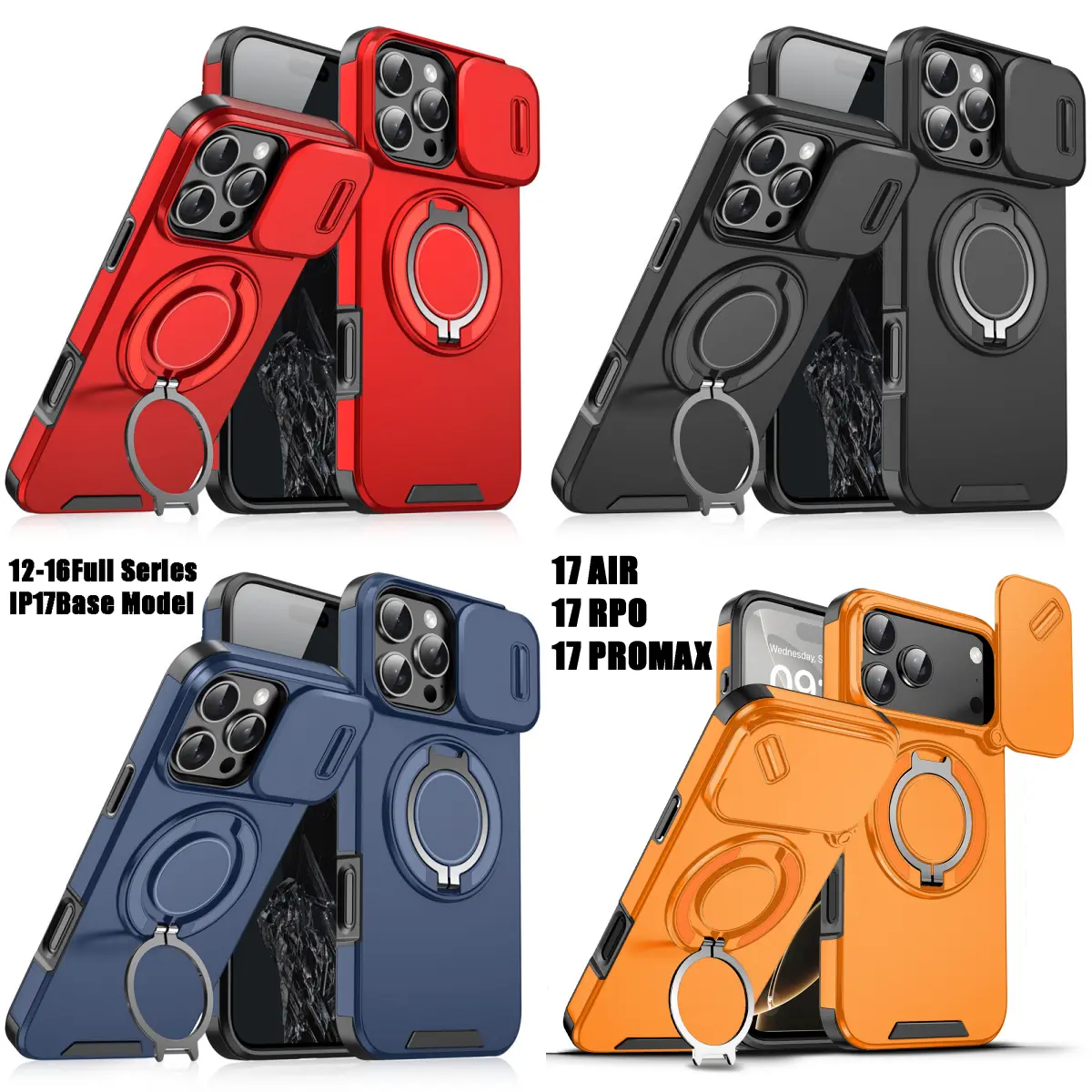 Heavy-Duty Polycarbonate & TPU Cover for iPhone 15,16,17 Pro Max - Adult Handheld Smartphone Accessory with Shockproof Drop Protection, Adjustable Flip-Slide Camera Protector, Rotating Ring Holder Kickstand, Accessories
