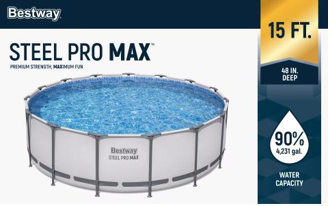 "Bestway Steel Pro MAX Round Above Ground Pool Set, Gray (15 Ft | 14 Ft | 13 Ft | Size Options)   Complete Set with Filter Pump, Ladder and Cover