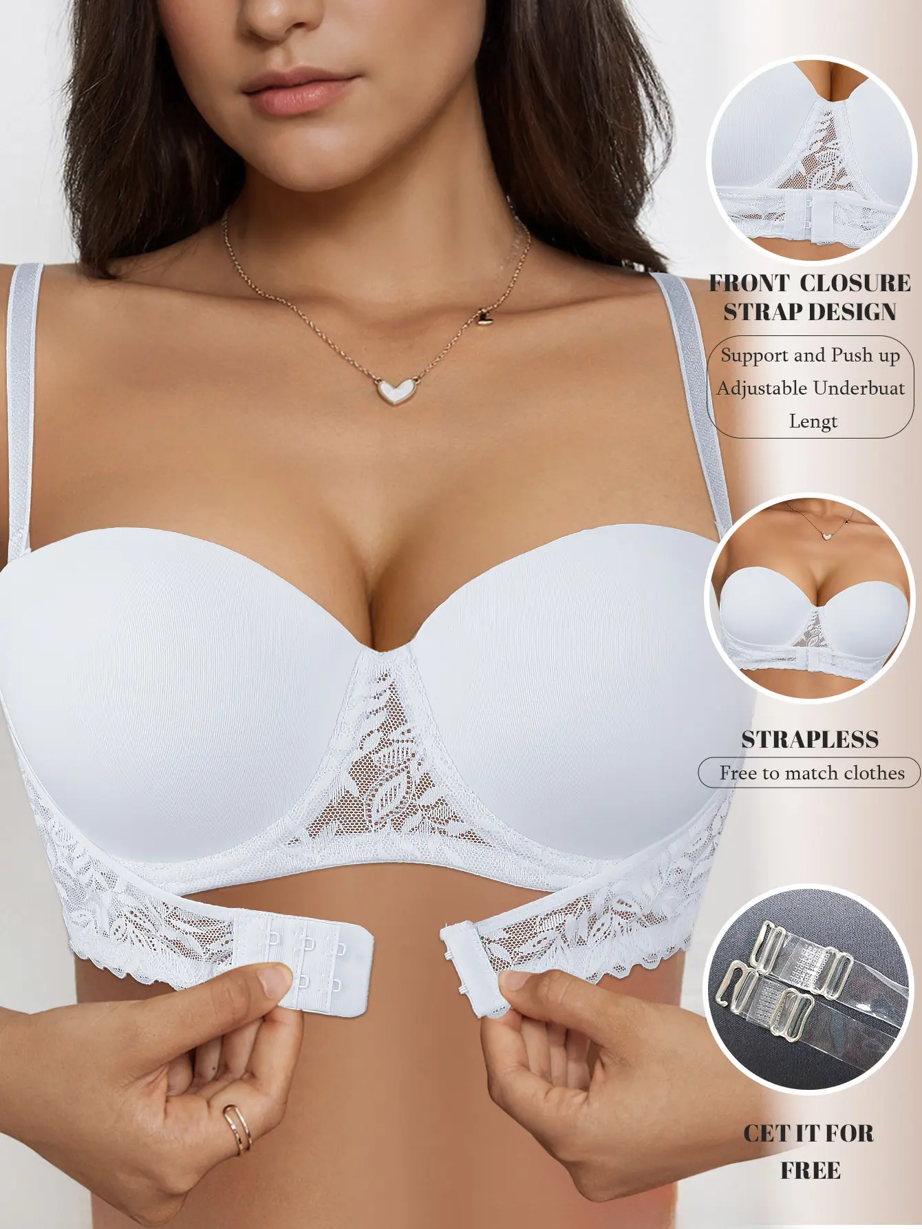Women's Lace Push Up Underwire Lift Bra, Front & Back Closure Strapless Bandeau Bras, Anti-Slip Anti-Sag, Adjustable Removable Straps, Multiway, Comfortable Breathable Elegance Bras for Everyday Beach Vacation Outfits, SummerWins, DealsForYouDays