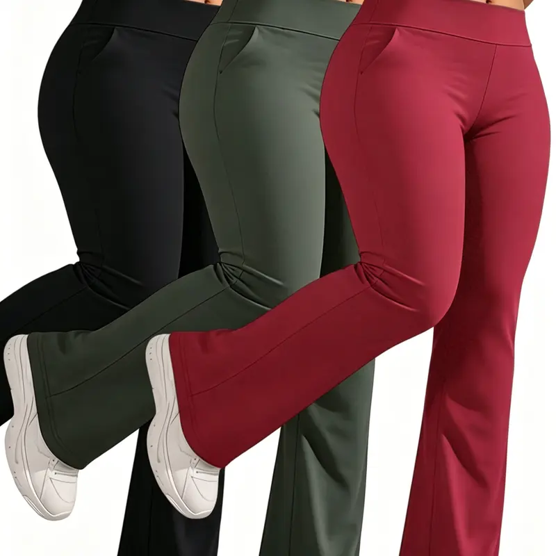 Women's high-waisted stretch 3-pack black grey red flared pants set | Fashion yoga flare pants, casual slimming trousers, fitness wide-leg pants, daily solid color sweatpants, sporty loungewear