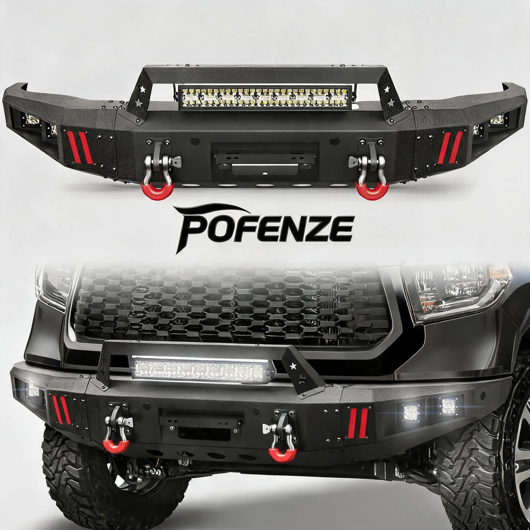 POFENZE-NADIA Custom Fit Front Bumper for 2014-2021 Toyota Tundra, Auto Replacement Body Bumper with LED Lights, D-Rings, License Plate Bracket, Secure Gear Mounting Brackets, Vehicle Accessory to Boost Appearance