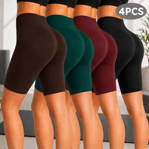 Female 4-Pieces High-Waisted Seamless Ribbed Knit Polyamide Elastane Athleisure Shorts - Lightweight Fitted Pull-On Biker Shorts, Leg-Flattering High Waist for Gym Workouts