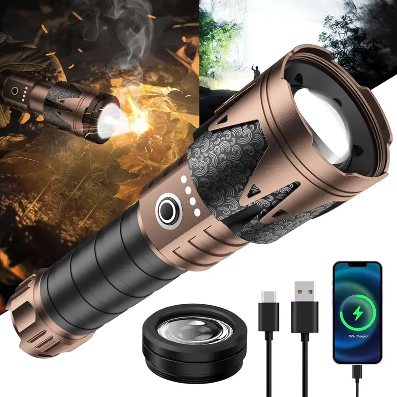 SKYFIRE 2000J Totem Flashlight, High Lumen Super Bright, Rechargeable Lithium Battery Type-C Fast Recharge, Adjustable Moonlight Mode, Power Bank Function, 3-in-1 Ignition Charging Lighting, Outdoor Home Improvement Light
