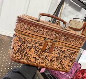 Genuine hand tooled leather & cowhide LARGE jewelry box with removeable tray & bracelet holder- brown tooled