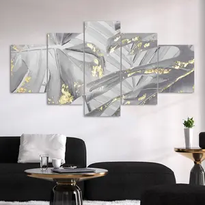 5 Counts Unframed Canvas Poster, Grey Gold Leaves Abstract Poster, Exquisite Poster, Perfect Living Room Decoration, Modern Art, Fashion Family Poster, Wall Art Decoration, Odorless, Waterproof, Artwork