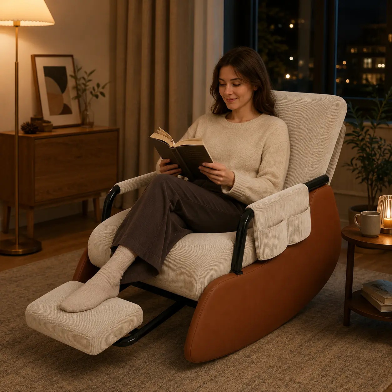 Beige Brown Corduroy Folding Rocking Chair - Wear-Resistant, Ultra-Soft, Space-Saving Lounge Chair with Pull-Out Footrest, Padded Armrests, Side Pocket for Living Room, Bedroom
