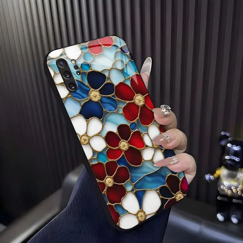 Handcrafted Stained Glass Floral Casing for Galaxy Note 10 Plus - Cottagecore Aesthetic Vintage Art Style Shockproof Smartphone Cellphone Handheld Accessory
