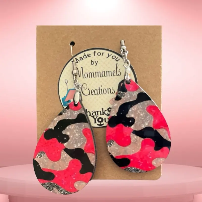 Mommamels Creations Sublimation MDF Tear drop-Shaped sparkle camo Print Earrings - 1.5-Inch Double Sides with Sterling Silver Hooks woman earring accessories women girly