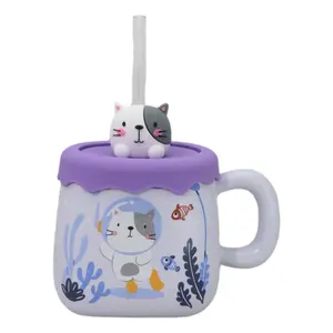 Whimsical Diver Cat With Sea Fishes Ceramic Mug With Silicone Lid And Straw