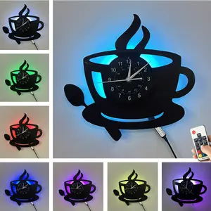 Kitchen Theme Vinyl Record Wall Clock, 7 Color LED Coffee Cup Clock, Living Room Bedroom Decor, Home Office Bar Cafe Decoration, Creative Decorative Clock