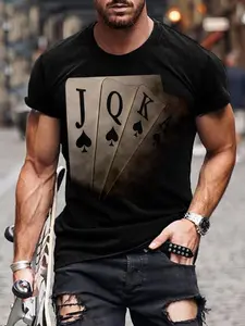 Men's Poker Print Round Neck Tee, Regular Fit Classic Casual Streetwear Short Sleeve Stretch Medium T-shirt, Men's Summer Top for Daily Wear