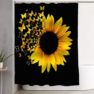 1/4pcs Sunflower Breeze Bathroom Decor Set - Elegant Black Shower Curtain Sets with Vibrant Yellow Sunflower & Butterfly Design, Matching Bath Mats & Toilet Lid Cover, Perfect for Summer Vibes and Seasonal Refresh in Your Bathroom