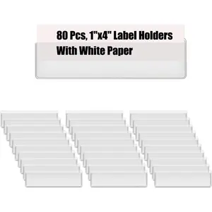 80 Pack 1x4 Inch Clear Adhesive Label Pockets, Top Open Plastic Index Card Holders for Storage Bins, Totes, Boxes and Drawers Organization
