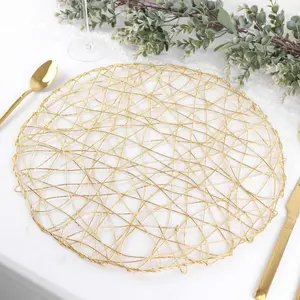 6-Pack Woven Fiber Table Placemats 15" Round Design Metallic Gold Metallic - Disposable Dining Mats
