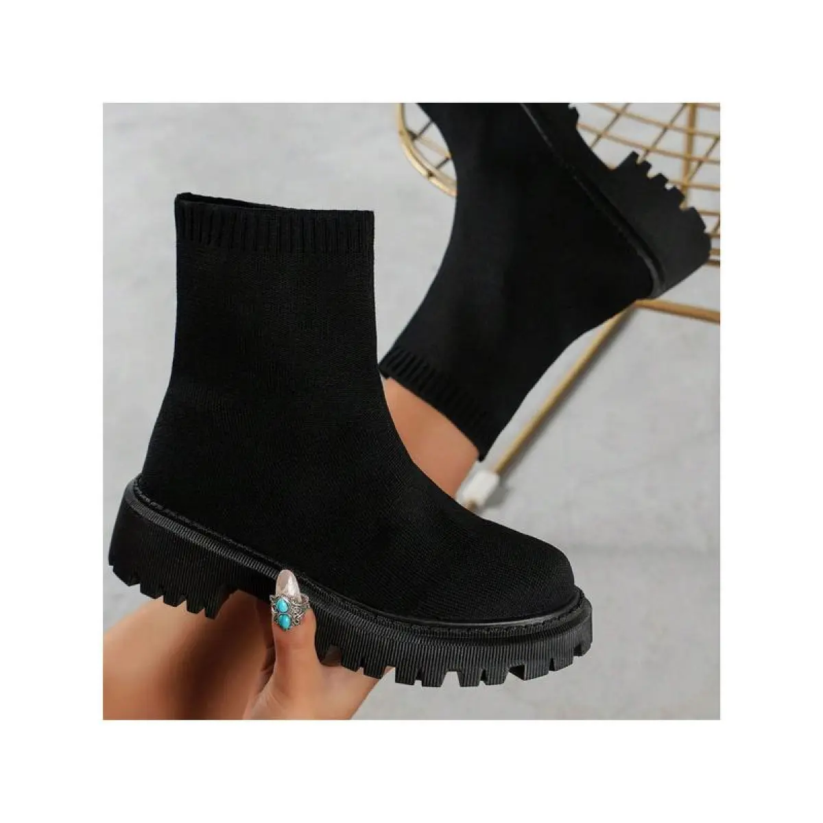 Tanaya Women's Knitted Sock Boots Thick Bottom Mid Heel Comfortable Shoes Boots Winter Fashion Hundred Shoes Boots Footwear Girl